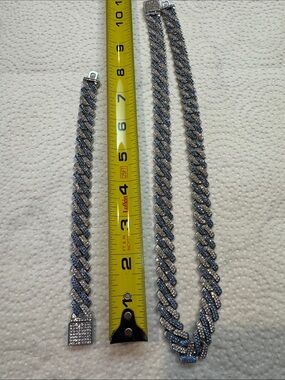 Men's Silver and Blue Iced Cuban Link Necklace and Bracelet Set